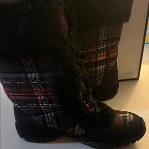 Coach sz9 Black and Red Plaid Winter Boots with mink fur